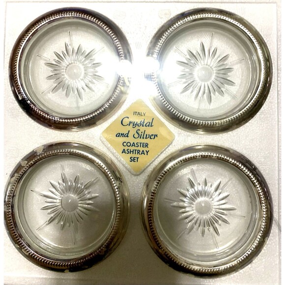 Vintage Crystal and Silver Coaster & Ashtray Set W & S Blackinton Co In Box - Picture 2 of 9